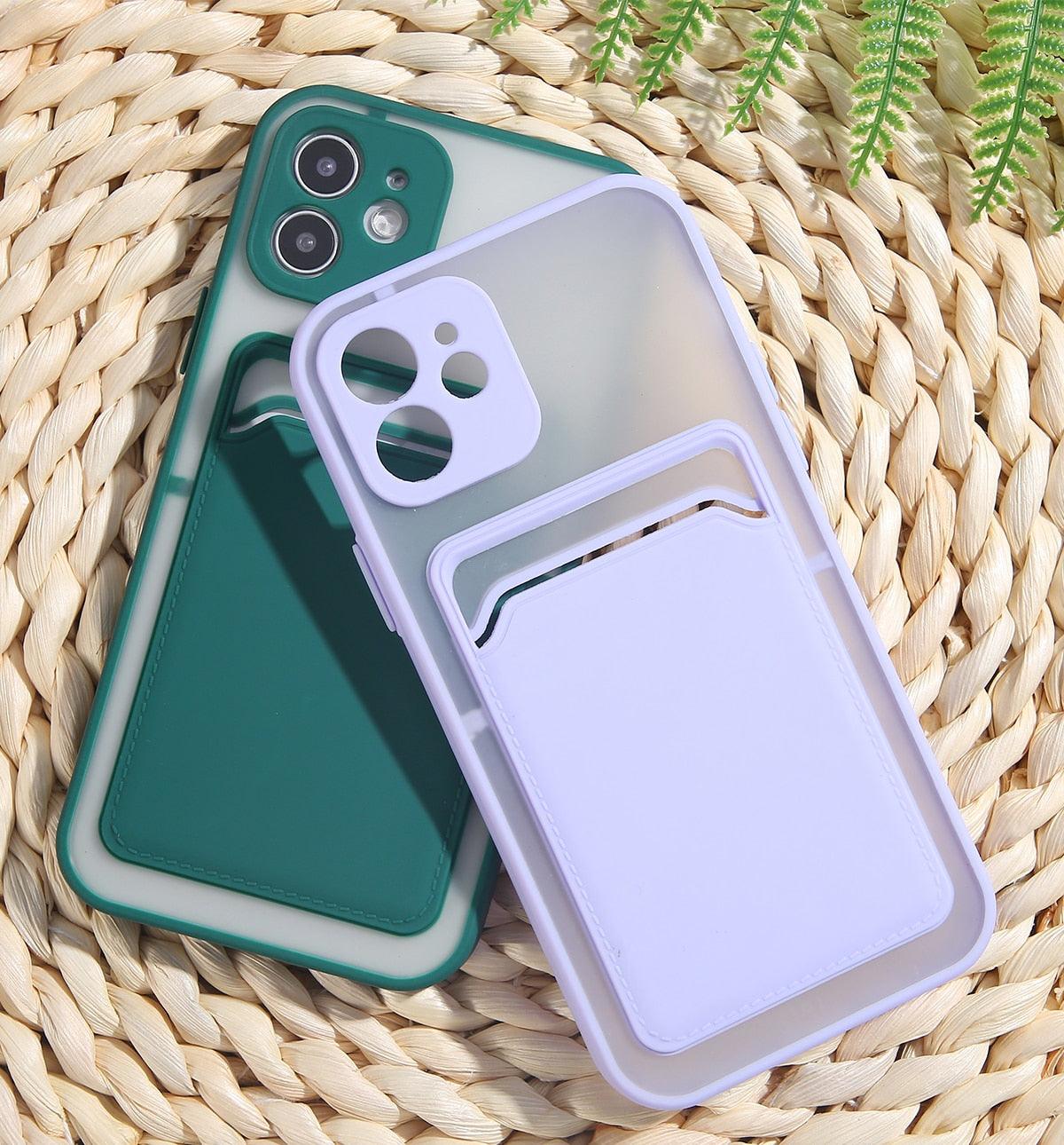 Luxury Card Holder Wallet Case For iPhone 11 Pro Max 12 Mini X XR 7 8 Plus XS Max Hard Solid Color Clear Protection Cover Soft Silicone Shockproof Back Cover
