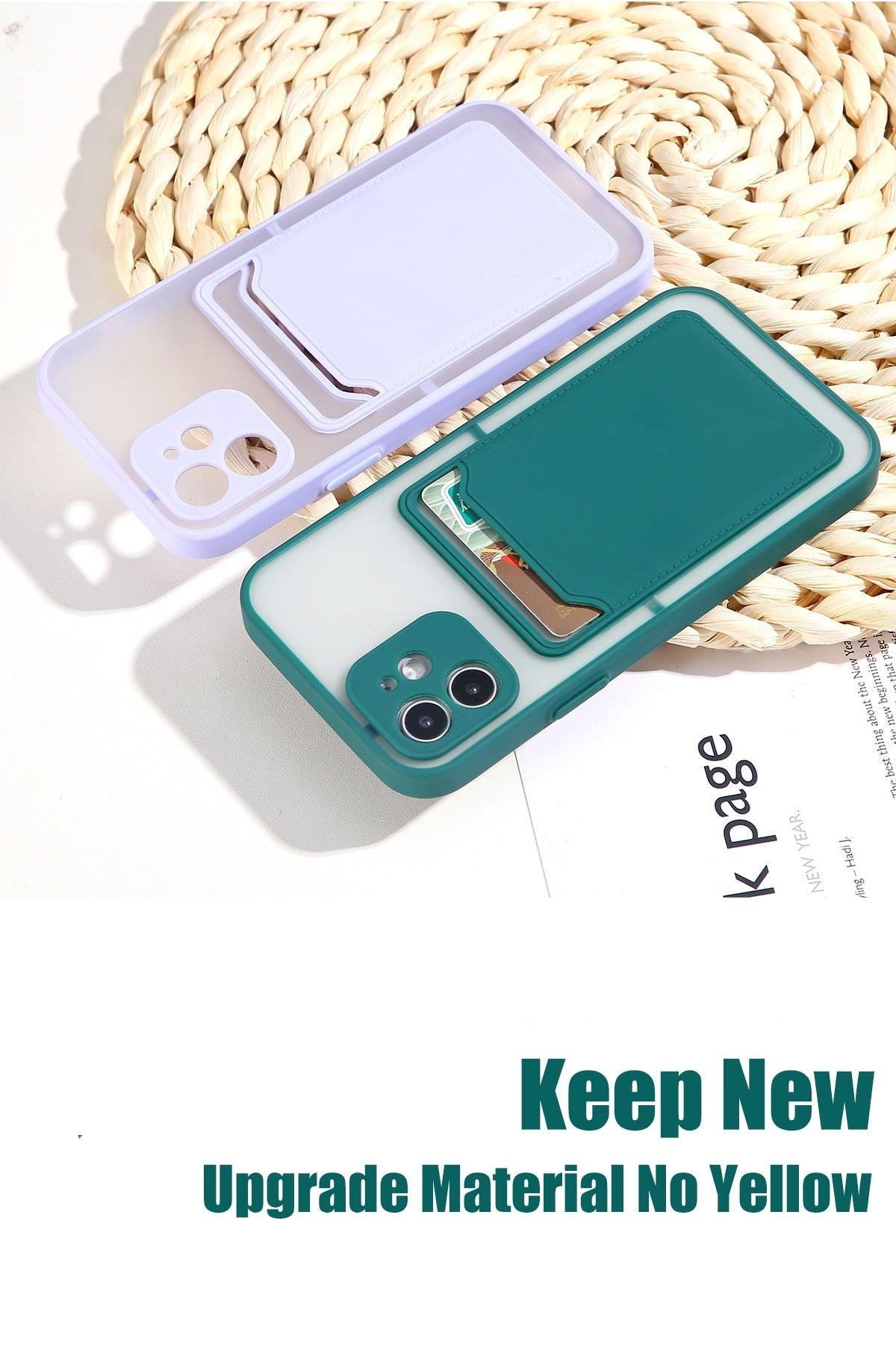 Luxury Card Holder Wallet Case For iPhone 11 Pro Max 12 Mini X XR 7 8 Plus XS Max Hard Solid Color Clear Protection Cover Soft Silicone Shockproof Back Cover