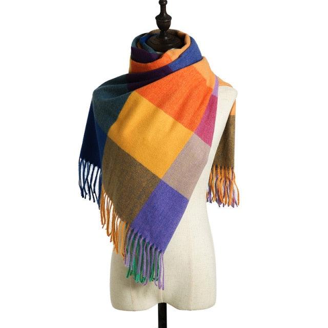 Luxury Fashion Autumn Winter Soft Warm Scarf Plaid Colorful Hijabs Cashmere Scarves Warm Soft Bandana Women's Lightweight Scarves Elegant Echarpe Escharpe Soft Wool Elegant Tassel For Women