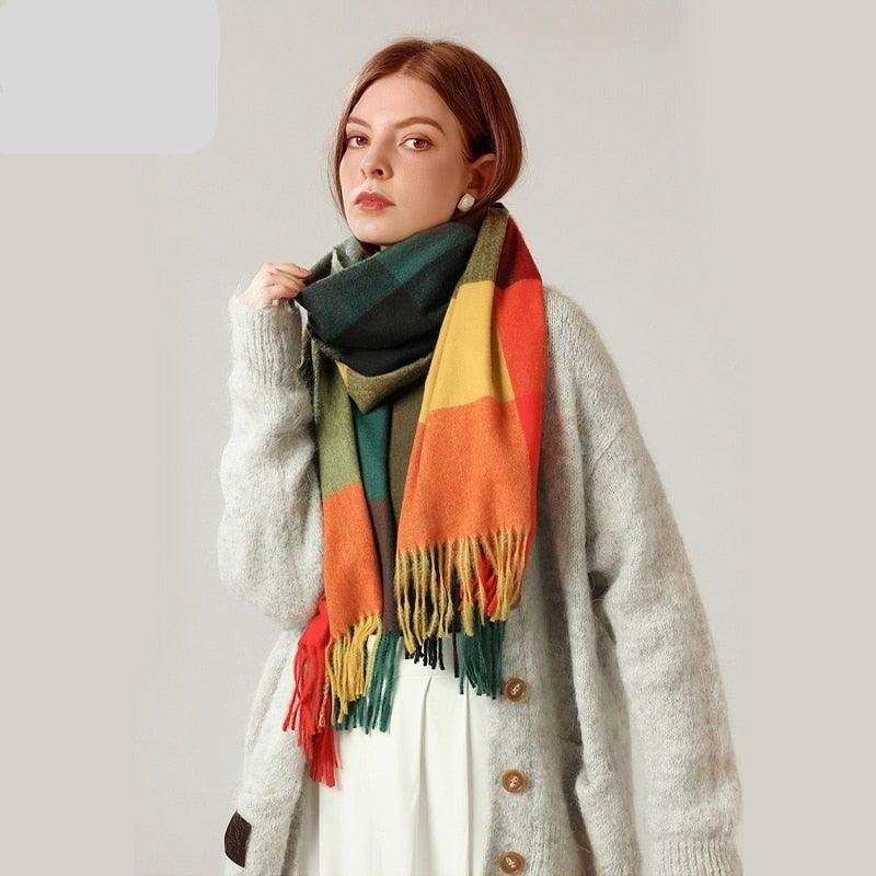 Luxury Fashion Autumn Winter Soft Warm Scarf Plaid Colorful Hijabs Cashmere Scarves Warm Soft Bandana Women's Lightweight Scarves Elegant Echarpe Escharpe Soft Wool Elegant Tassel For Women