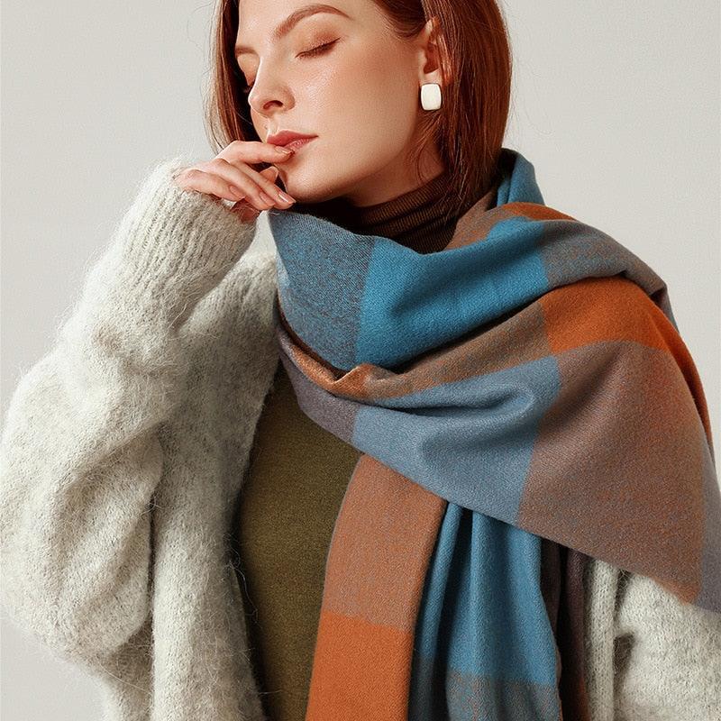 Luxury Fashion Autumn Winter Soft Warm Scarf Plaid Colorful Hijabs Cashmere Scarves Warm Soft Bandana Women's Lightweight Scarves Elegant Echarpe Escharpe Soft Wool Elegant Tassel For Women