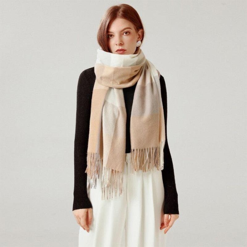 Luxury Fashion Autumn Winter Soft Warm Scarf Plaid Colorful Hijabs Cashmere Scarves Warm Soft Bandana Women's Lightweight Scarves Elegant Echarpe Escharpe Soft Wool Elegant Tassel For Women