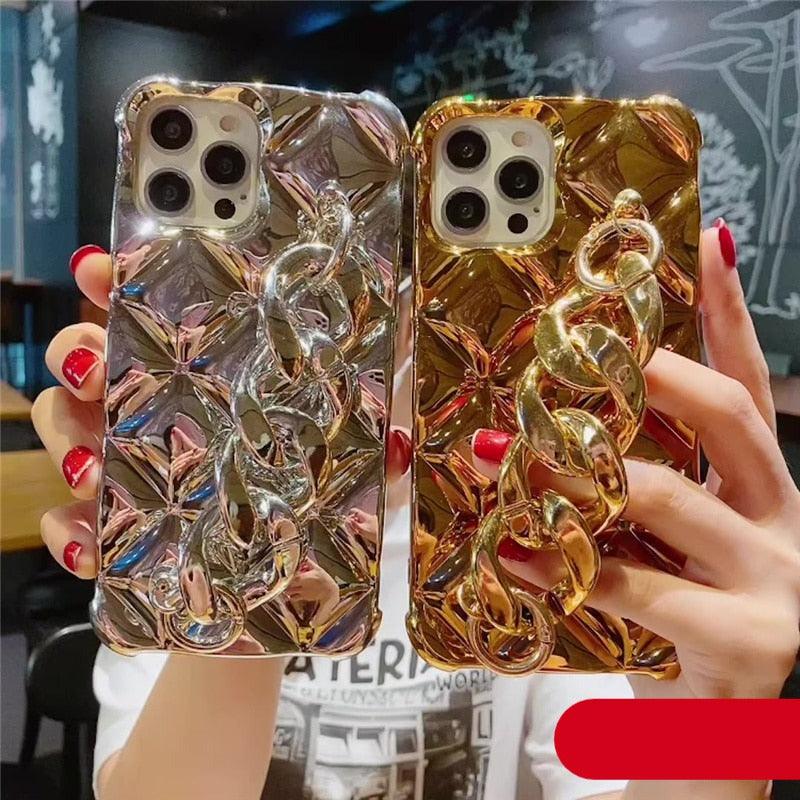 Luxury Gold Plating Electroplated Bracelet Cute Compatible with iPhone Diamond Case Luxury Sparkle Glitter Rhinestone Phone Case For iPhone 14 13 Promax 11 12 Pro Max Mini Xs Max XR 8 7 Plus Mirror Cover