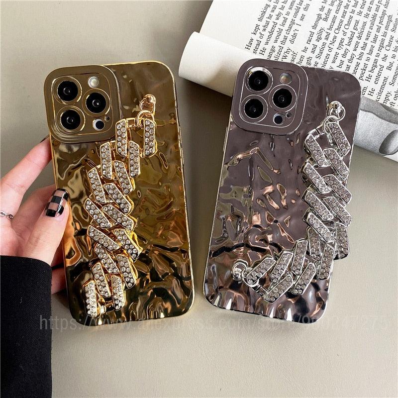 Luxury Gold Plating Electroplated Bracelet Cute Compatible with iPhone Diamond Case Luxury Sparkle Glitter Rhinestone Phone Case For iPhone 14 13 Promax 11 12 Pro Max Mini Xs Max XR 8 7 Plus Mirror Cover