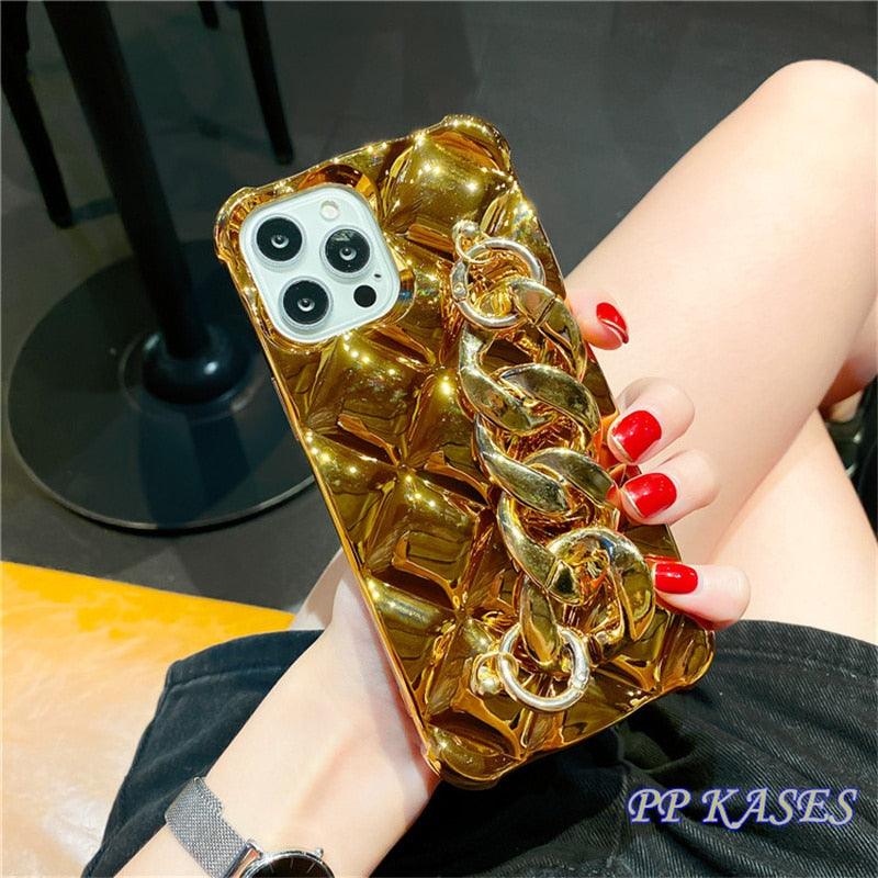 Luxury Gold Plating Electroplated Bracelet Cute Compatible with iPhone Diamond Case Luxury Sparkle Glitter Rhinestone Phone Case For iPhone 14 13 Promax 11 12 Pro Max Mini Xs Max XR 8 7 Plus Mirror Cover
