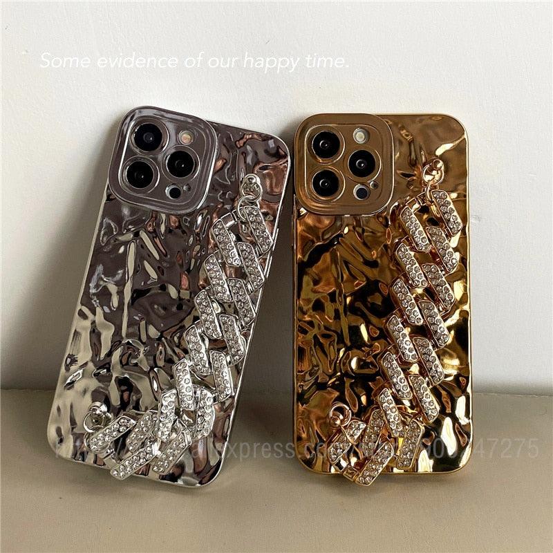 Luxury Gold Plating Electroplated Bracelet Cute Compatible with iPhone Diamond Case Luxury Sparkle Glitter Rhinestone Phone Case For iPhone 14 13 Promax 11 12 Pro Max Mini Xs Max XR 8 7 Plus Mirror Cover