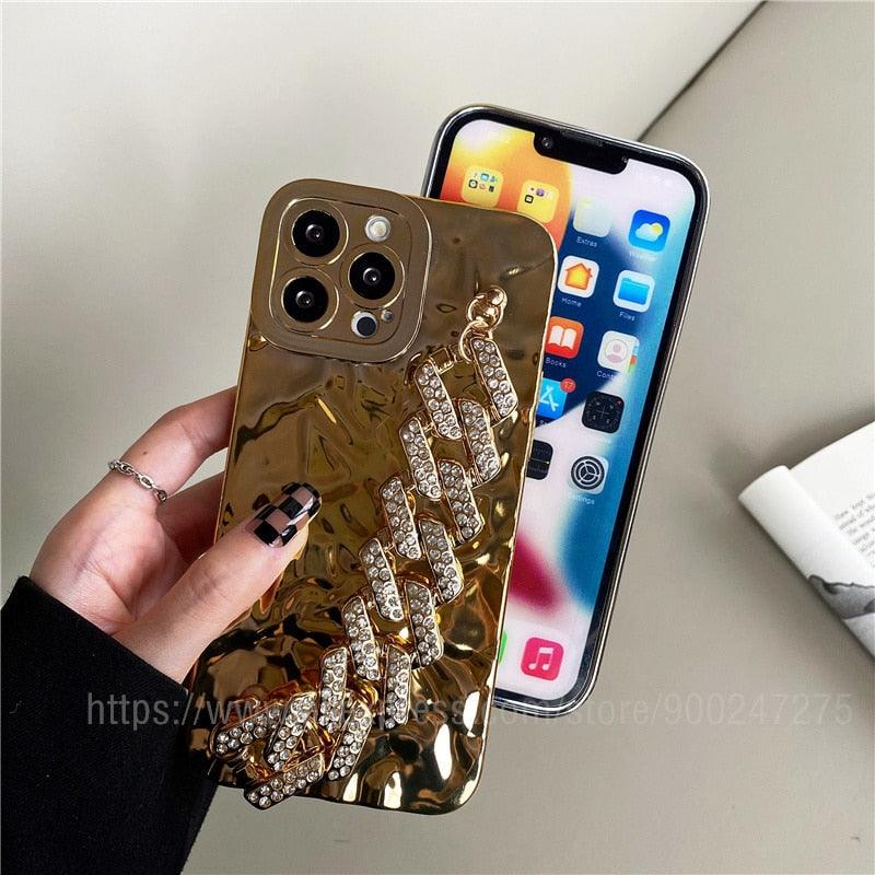 Luxury Gold Plating Electroplated Bracelet Cute Compatible with iPhone Diamond Case Luxury Sparkle Glitter Rhinestone Phone Case For iPhone 14 13 Promax 11 12 Pro Max Mini Xs Max XR 8 7 Plus Mirror Cover