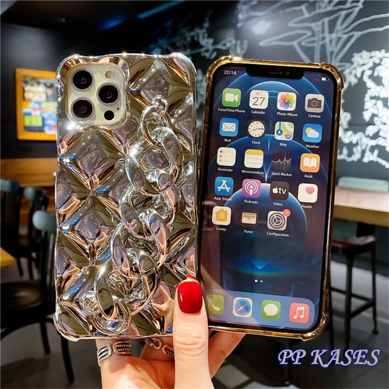 Luxury Gold Plating Electroplated Bracelet Cute Compatible with iPhone Diamond Case Luxury Sparkle Glitter Rhinestone Phone Case For iPhone 14 13 Promax 11 12 Pro Max Mini Xs Max XR 8 7 Plus Mirror Cover