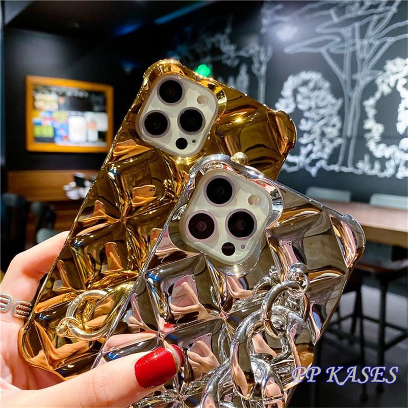 Luxury Gold Plating Electroplated Bracelet Cute Compatible with iPhone Diamond Case Luxury Sparkle Glitter Rhinestone Phone Case For iPhone 14 13 Promax 11 12 Pro Max Mini Xs Max XR 8 7 Plus Mirror Cover