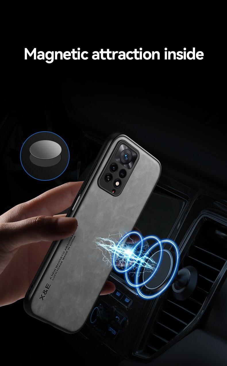 Luxury Leather Magnetic Case For Xiaomi Redmi Note 11 10 9 11E Pro 11S 10S 12 12X 10C POCO X3 NFC Pro F3 Covers With Metal Plate Leather Premium Back Cover Mobile Phone Case Flexible Protective Ultra Thin Scratchproof Phone Cover