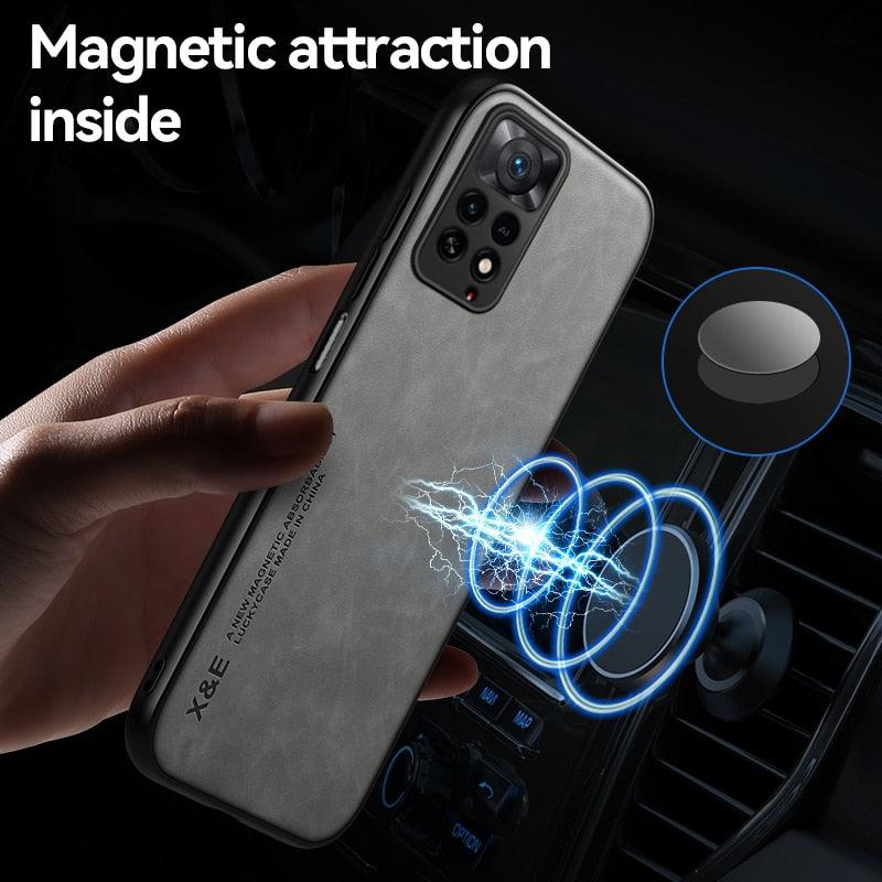Luxury Leather Magnetic Case For Xiaomi Redmi Note 11 10 9 11E Pro 11S 10S 12 12X 10C POCO X3 NFC Pro F3 Covers With Metal Plate Leather Premium Back Cover Mobile Phone Case Flexible Protective Ultra Thin Scratchproof Phone Cover