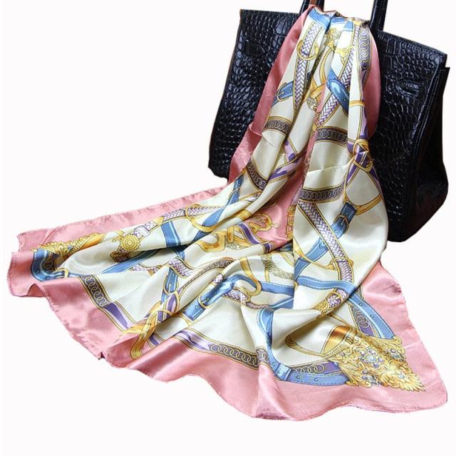 Luxury Long Soft Square Silk Scarves Lightweight Elegant Satin Silk Soft Head Wrap Escharpe Hijab Scarf Muslim Female Silky Shawls Wrap Hair Head Scarves Bandanna For Women 90*90cm