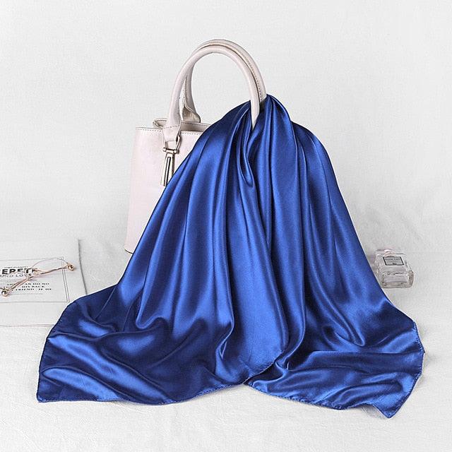 Luxury Long Soft Square Silk Scarves Lightweight Elegant Satin Silk Soft Head Wrap Escharpe Hijab Scarf Muslim Female Silky Shawls Wrap Hair Head Scarves Bandanna For Women 90*90cm