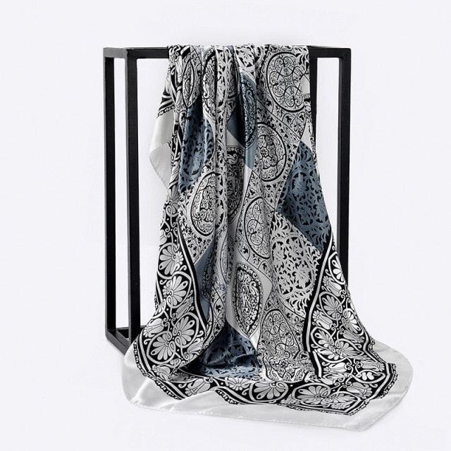Luxury Long Soft Square Silk Scarves Lightweight Elegant Satin Silk Soft Head Wrap Escharpe Hijab Scarf Muslim Female Silky Shawls Wrap Hair Head Scarves Bandanna For Women 90*90cm