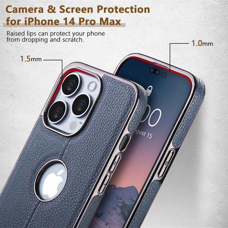 Luxury Texture Leather Case for iPhone 14 Pro MAX Plus Case With Hole Silicone Full Protection Back Cover Thin Flexible Soft Grip Luxury PU Leather Cover Durable Anti-Scratch Full Phone Cases