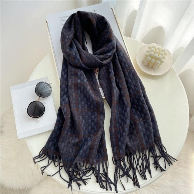 Winter Long Plaid Headwear Scarf Warm Shawls Cashmere Female Scarfs Scarves Lady Tassel Shawl Wraps For Women