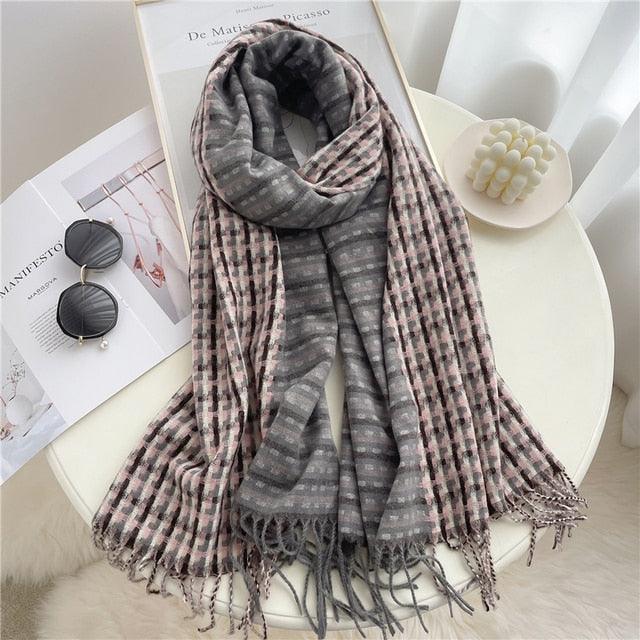 Winter Long Plaid Headwear Scarf Warm Shawls Cashmere Female Scarfs Scarves Lady Tassel Shawl Wraps For Women