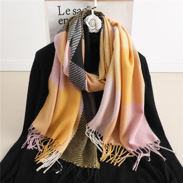 Winter Long Plaid Headwear Scarf Warm Shawls Cashmere Female Scarfs Scarves Lady Tassel Shawl Wraps For Women