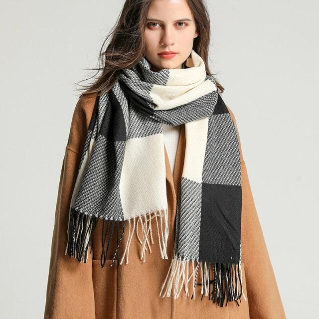 Winter Long Plaid Headwear Scarf Warm Shawls Cashmere Female Scarfs Scarves Lady Tassel Shawl Wraps For Women