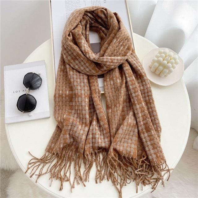 Winter Long Plaid Headwear Scarf Warm Shawls Cashmere Female Scarfs Scarves Lady Tassel Shawl Wraps For Women
