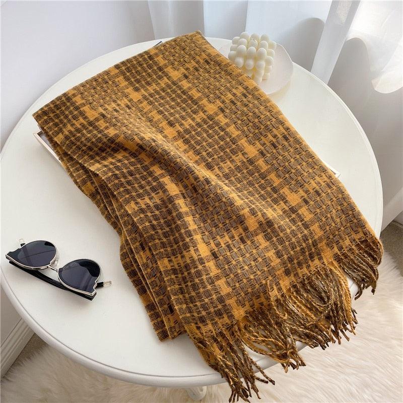 Winter Long Plaid Headwear Scarf Warm Shawls Cashmere Female Scarfs Scarves Lady Tassel Shawl Wraps For Women