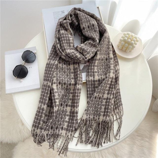 Winter Long Plaid Headwear Scarf Warm Shawls Cashmere Female Scarfs Scarves Lady Tassel Shawl Wraps For Women