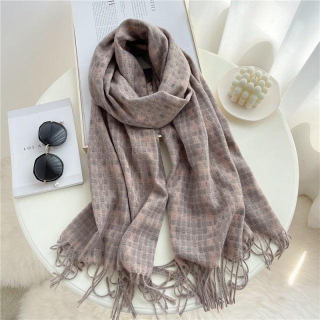 Winter Long Plaid Headwear Scarf Warm Shawls Cashmere Female Scarfs Scarves Lady Tassel Shawl Wraps For Women