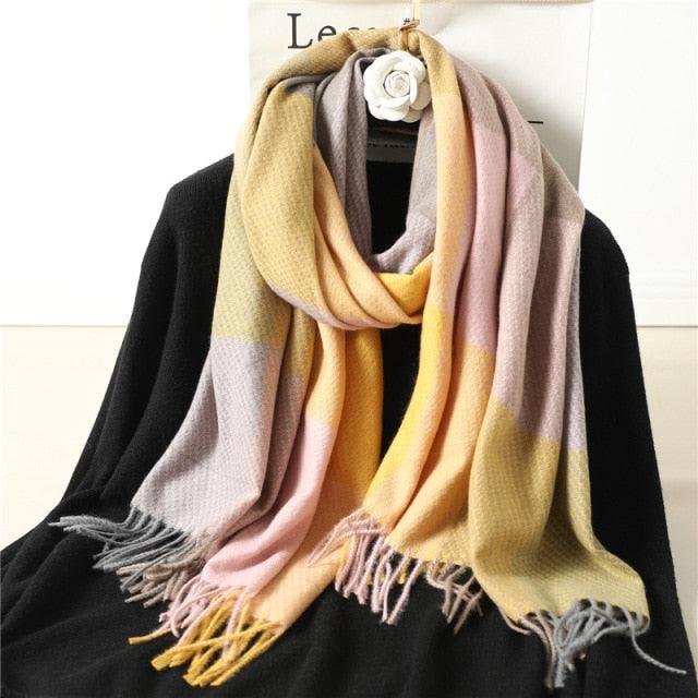 Winter Long Plaid Headwear Scarf Warm Shawls Cashmere Female Scarfs Scarves Lady Tassel Shawl Wraps For Women
