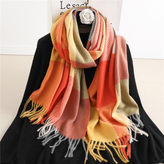 Winter Long Plaid Headwear Scarf Warm Shawls Cashmere Female Scarfs Scarves Lady Tassel Shawl Wraps For Women