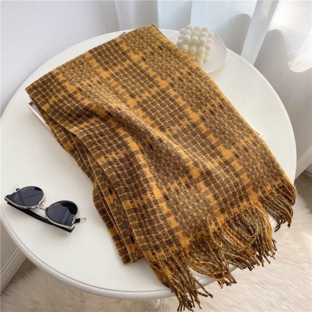 Winter Long Plaid Headwear Scarf Warm Shawls Cashmere Female Scarfs Scarves Lady Tassel Shawl Wraps For Women