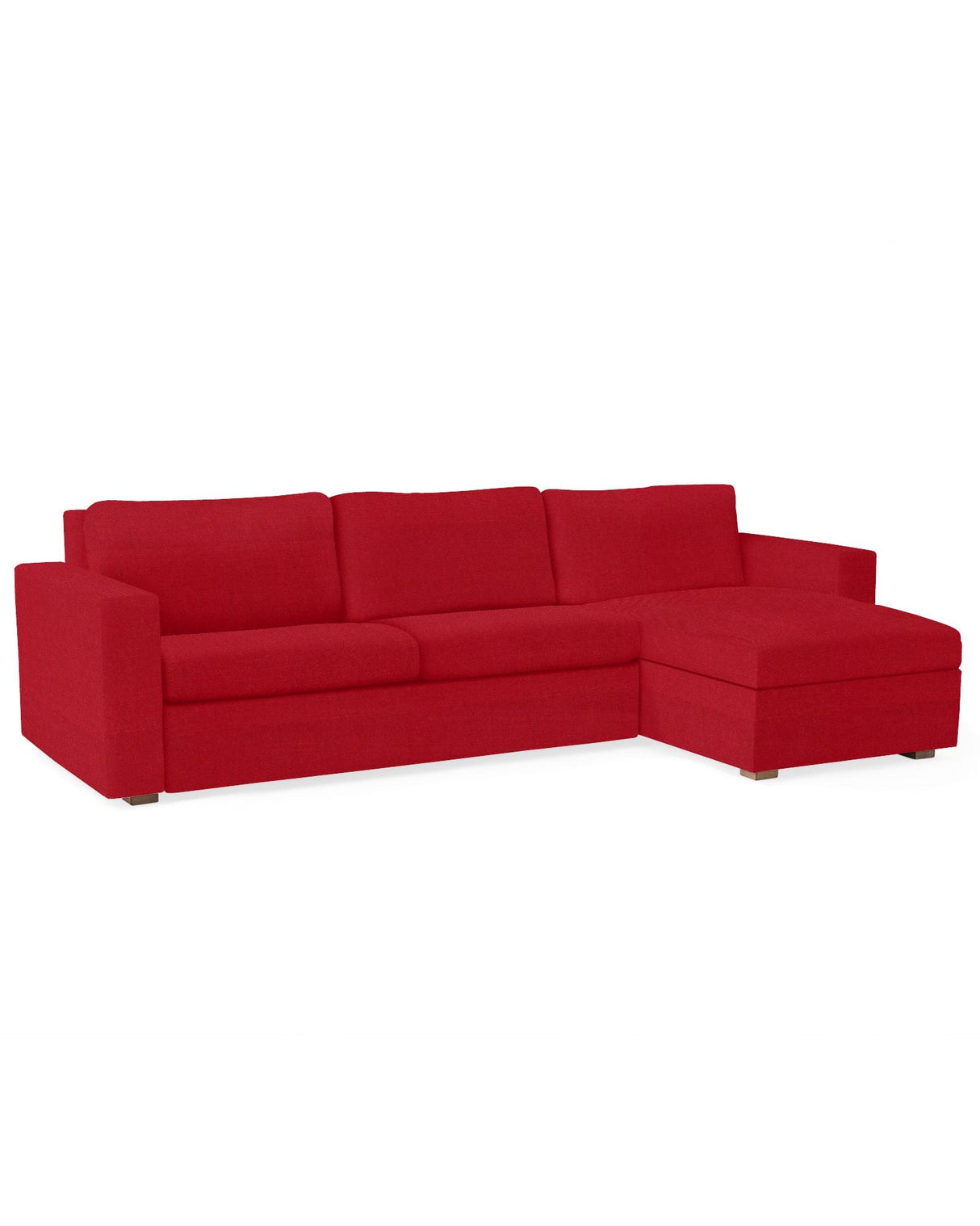 The Conover Sleeper Chaise Sectional is a modern red, L-shaped sofa with three cushions on the longer side and an extended leg rest on the right, showcased against a plain white background.