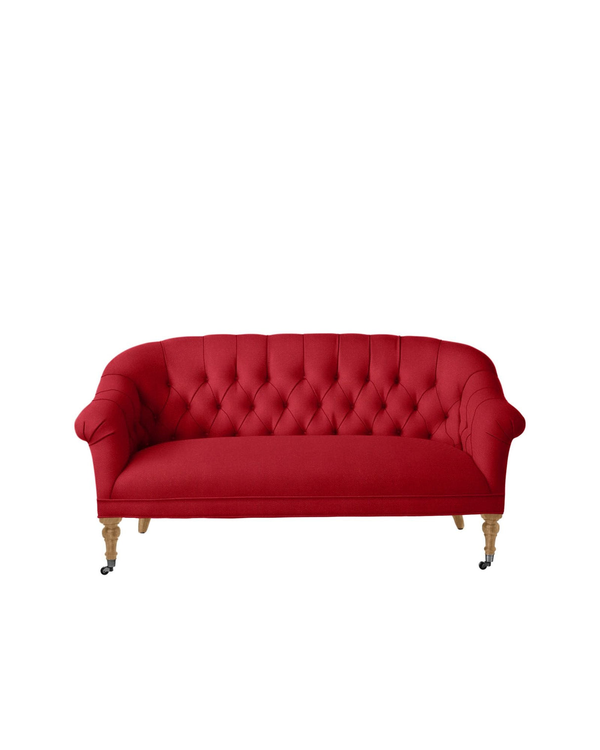 The Paxton Tufted Loveseat is a plush, red sofa featuring a curved back and wooden legs on castors, elegantly set against a plain white background.