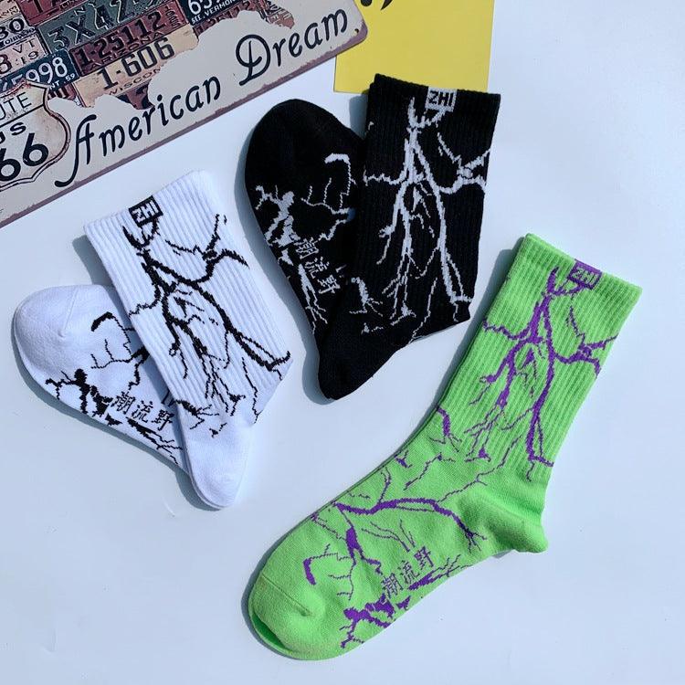 Marble Print Style Harajuku Skateboard Long Socks Creative Fun Lightning Hip Hop Style Socks Streetwear Casual Cotton Socks Unisex Street Couple Socks For Men And Women