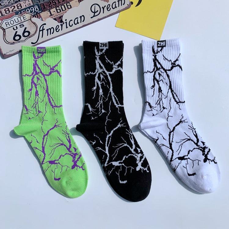 Marble Print Style Harajuku Skateboard Long Socks Creative Fun Lightning Hip Hop Style Socks Streetwear Casual Cotton Socks Unisex Street Couple Socks For Men And Women