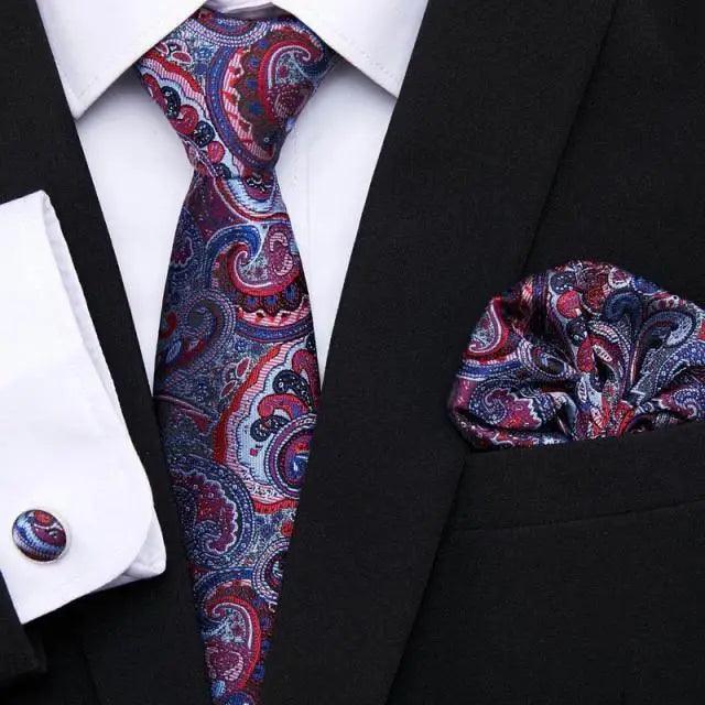 Men Elegant Red Silk Tie Classic Necktie Cufflinks Set Business Necktie With Handkerchief Perfect Match With Wedding Suit