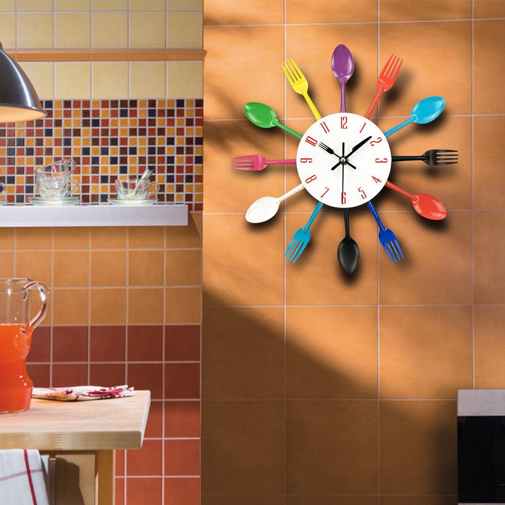 Metal Kitchen Wall Clock Creative Kitchen Wall Clock 3D Modern Creative Kitchen Cutlery Spoon Fork Time Like Wall Clock Wall Sticker Room Home Decoration Quartz Wall Art Cutlery Mounted Clocks Modern Design Home Decorative