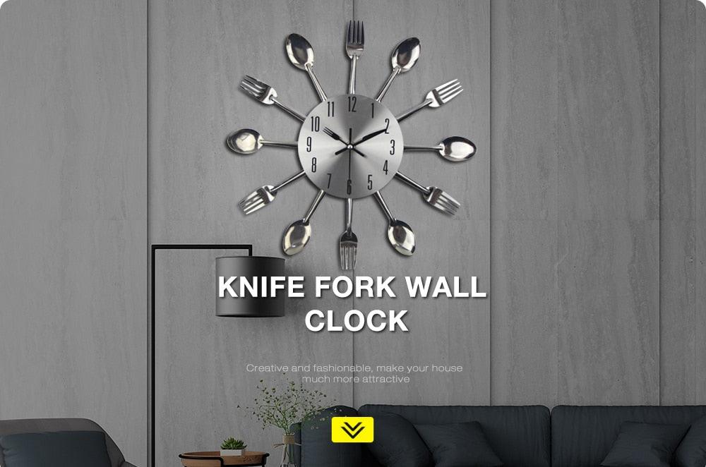 Metal Kitchen Wall Clock Creative Kitchen Wall Clock 3D Modern Creative Kitchen Cutlery Spoon Fork Time Like Wall Clock Wall Sticker Room Home Decoration Quartz Wall Art Cutlery Mounted Clocks Modern Design Home Decorative