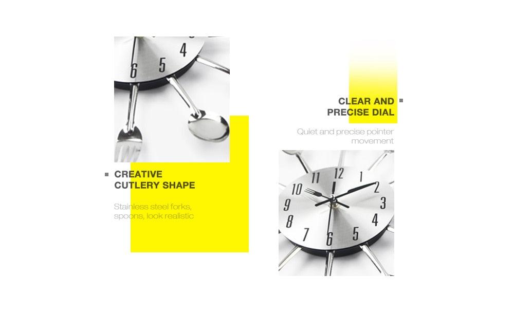 Metal Kitchen Wall Clock Creative Kitchen Wall Clock 3D Modern Creative Kitchen Cutlery Spoon Fork Time Like Wall Clock Wall Sticker Room Home Decoration Quartz Wall Art Cutlery Mounted Clocks Modern Design Home Decorative