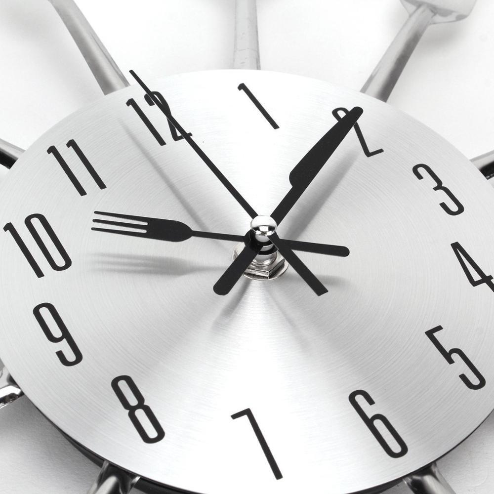 Metal Kitchen Wall Clock Creative Kitchen Wall Clock 3D Modern Creative Kitchen Cutlery Spoon Fork Time Like Wall Clock Wall Sticker Room Home Decoration Quartz Wall Art Cutlery Mounted Clocks Modern Design Home Decorative