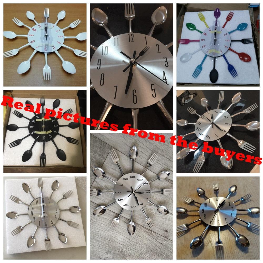 Metal Kitchen Wall Clock Creative Kitchen Wall Clock 3D Modern Creative Kitchen Cutlery Spoon Fork Time Like Wall Clock Wall Sticker Room Home Decoration Quartz Wall Art Cutlery Mounted Clocks Modern Design Home Decorative