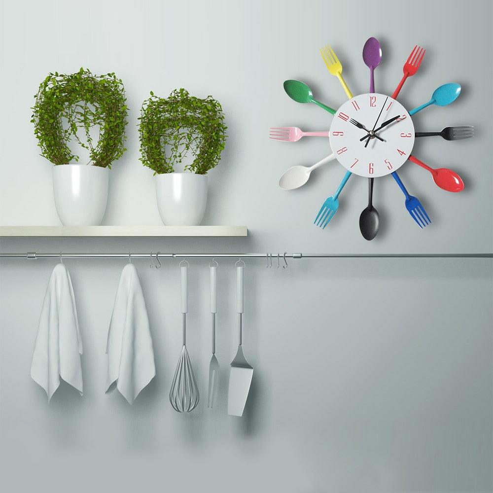 Metal Kitchen Wall Clock Creative Kitchen Wall Clock 3D Modern Creative Kitchen Cutlery Spoon Fork Time Like Wall Clock Wall Sticker Room Home Decoration Quartz Wall Art Cutlery Mounted Clocks Modern Design Home Decorative