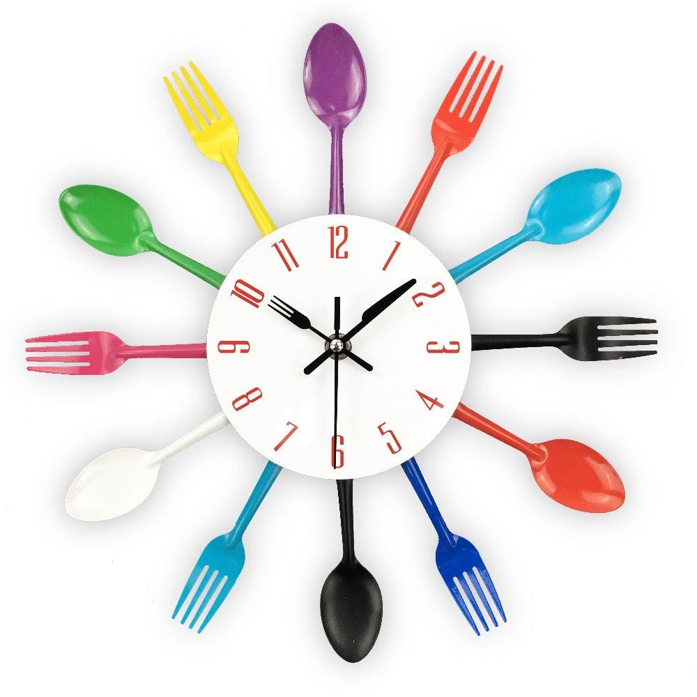 Metal Kitchen Wall Clock Creative Kitchen Wall Clock 3D Modern Creative Kitchen Cutlery Spoon Fork Time Like Wall Clock Wall Sticker Room Home Decoration Quartz Wall Art Cutlery Mounted Clocks Modern Design Home Decorative