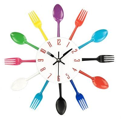 Metal Kitchen Wall Clock Creative Kitchen Wall Clock 3D Modern Creative Kitchen Cutlery Spoon Fork Time Like Wall Clock Wall Sticker Room Home Decoration Quartz Wall Art Cutlery Mounted Clocks Modern Design Home Decorative