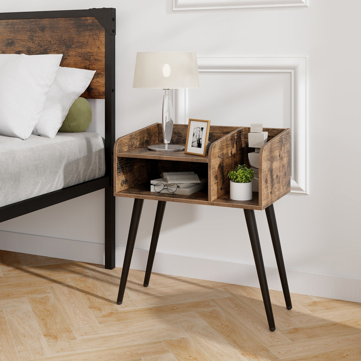 Mid Century Modern Nightstand with Open Shelves-Brown