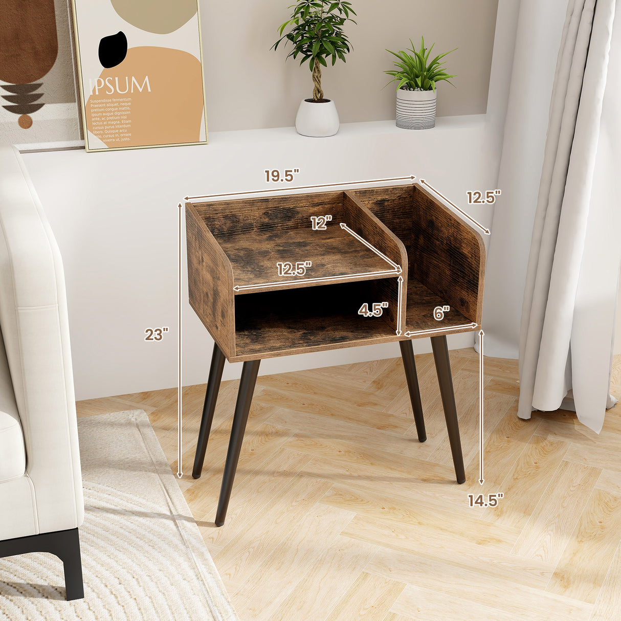 Mid Century Modern Nightstand with Open Shelves-Brown