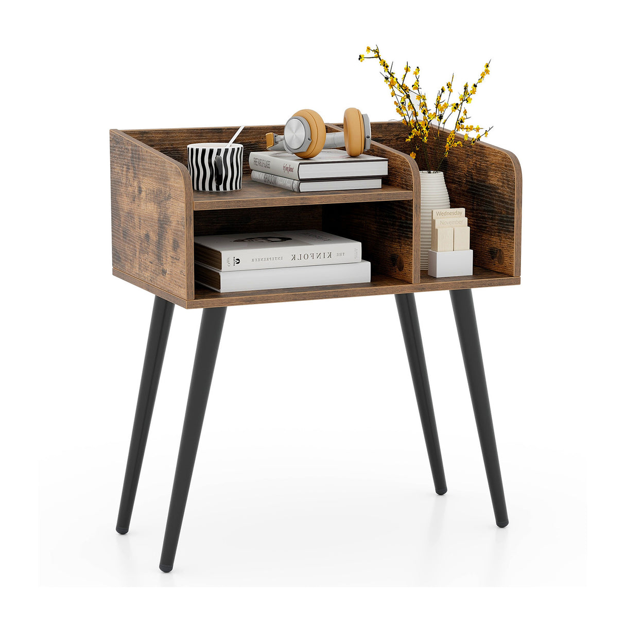 Mid Century Modern Nightstand with Open Shelves-Brown