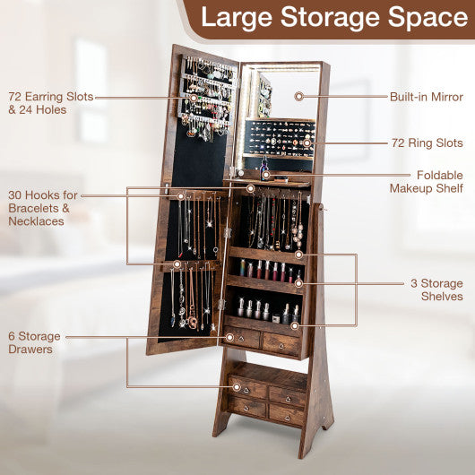 Freestanding Full Length LED Mirrored Jewelry Armoire with 6 Drawers-Rustic Brown