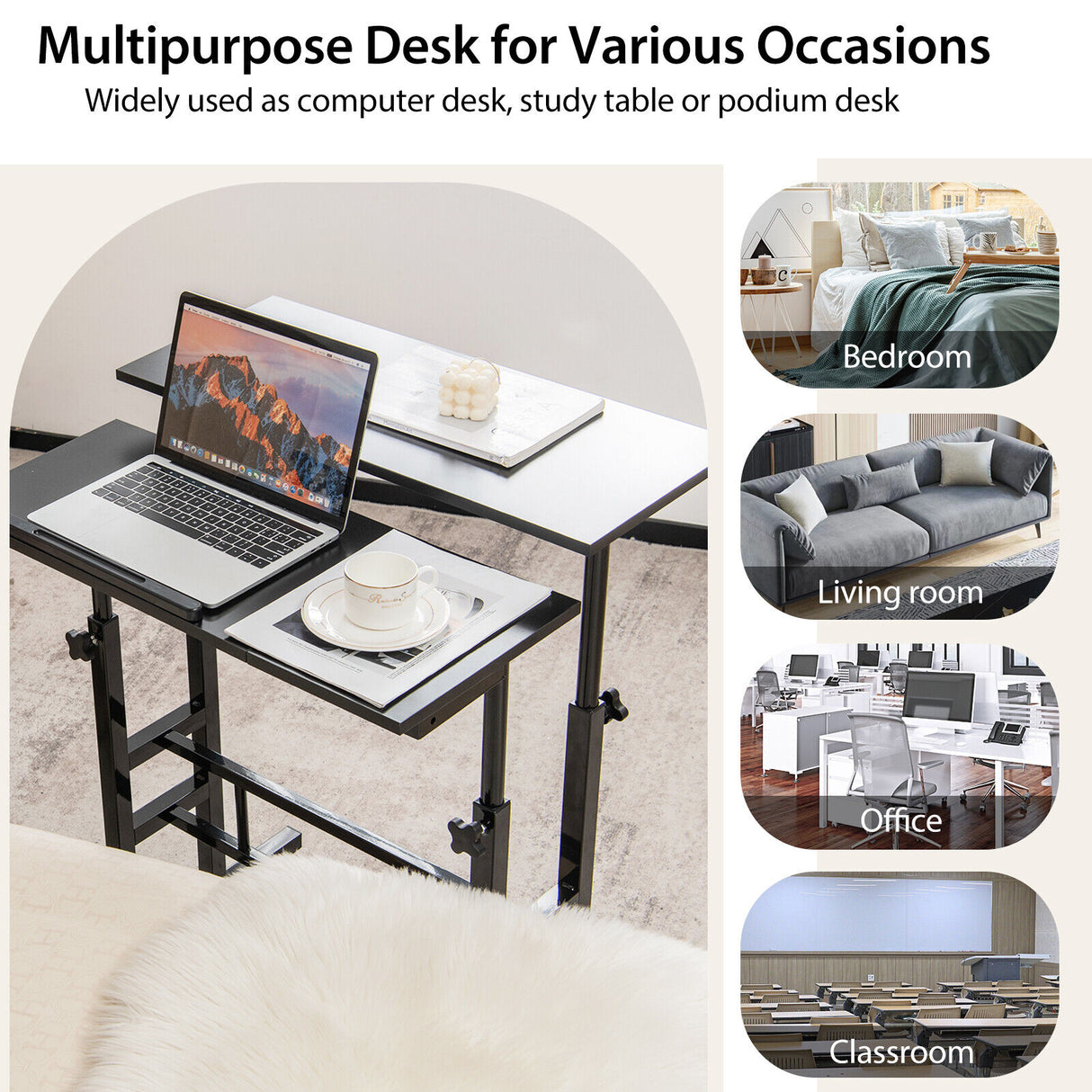 Mobile Standing up Desk Adjustable Computer Desk Tilting Workstation-Walnut