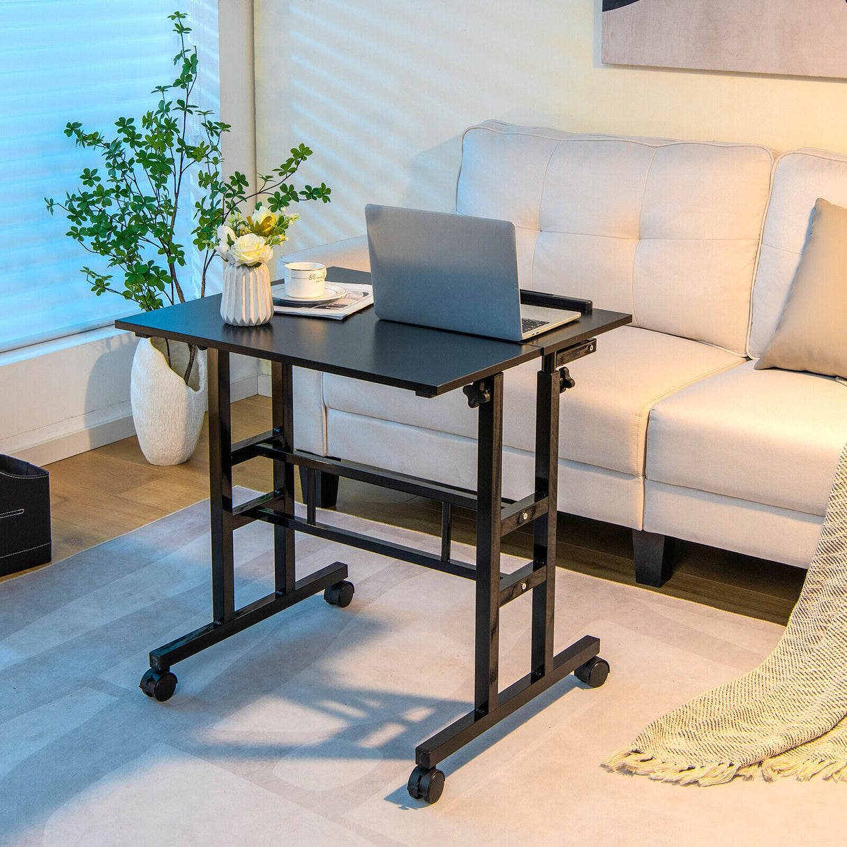 Mobile Standing up Desk Adjustable Computer Desk Tilting Workstation-Walnut