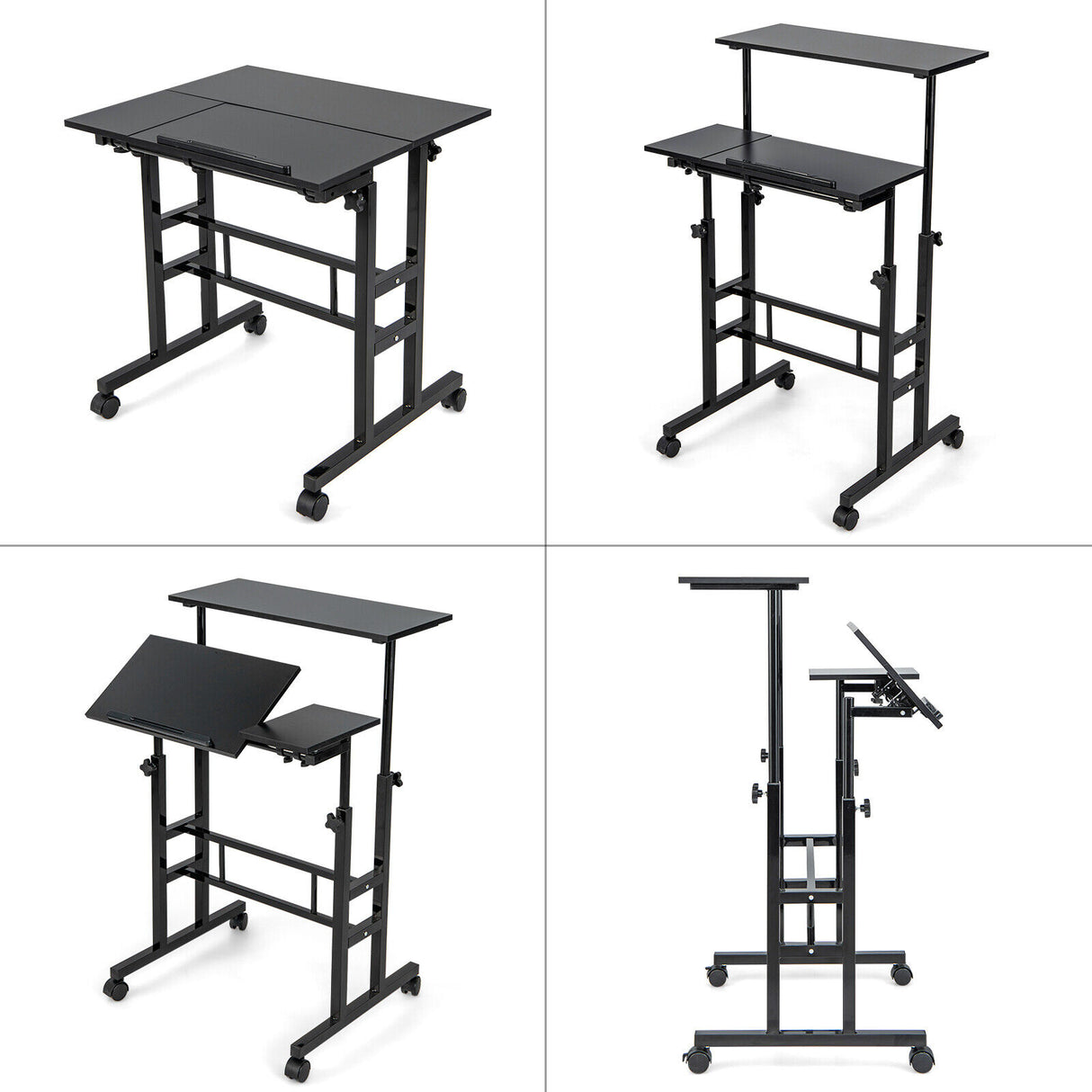 Mobile Standing up Desk Adjustable Computer Desk Tilting Workstation-Walnut